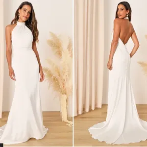 LULU's Bridal Elegant Satin Backless Classy High Neck Mermaid Trumpet Maxi Gown thumbnail 2