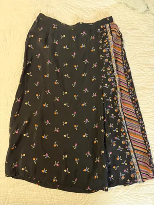 Black Floral Midi Skirt with Multicolor Stripe Panel thumbnail 1