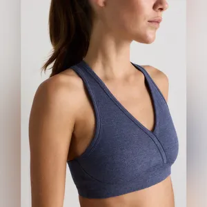 NWT Quince Women's Ultra Soft V Neck Racerback Heathered Storm Blue Sports Bra S thumbnail 2