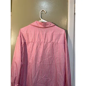 Womens Sz Medium Button Down Shirt Pink White Stripes Satin Long Sleeve Collared thumbnail 6