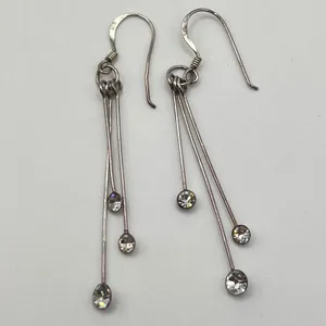 925 Sterling Silver Triple Strand Rhinestone Drop Earrings‎ Linear Tiered Dangle thumbnail 4