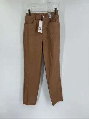Zara Women’s Faux Leather Mom Fit Pants size‎ 2 Dark Camel Straight Leg thumbnail 2