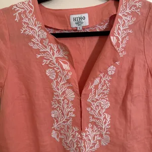 HIHO Tortola Women's Coral 100% Linen White Embroidered Beach Dress Sz. SMALL thumbnail 2