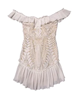 Saints + Secrets White Lace Dress Ruffled Off the Shoulder thumbnail 1
