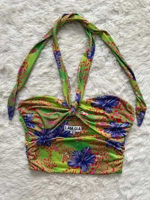 I.AM.GIA Top Isabella Halter Crop Top Cut Out Hibiscus Tropical Hawaiian Sz S thumbnail 1