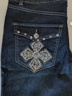 NWT Womens 12 Dark Wash Stretch Bootcut Jeans Y2K Bling Rhinestone Cross Pockets thumbnail 15