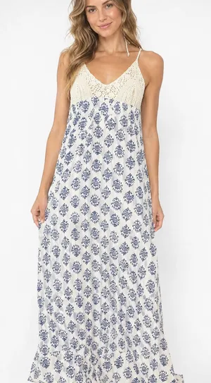 American Rag Cie XL Boho Crochet Floral Maxi Dress Blue Ivory Festival thumbnail 1