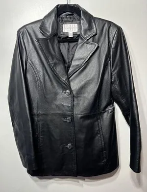 Women's Worthington Brand Black Leather Button Up Jacket RN 93677 Size Medium thumbnail 1