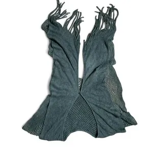 Chloé Boho Knit Fringe Poncho Wrap Women OS Gray Mesh Shawl Capelet V-Neck thumbnail 4