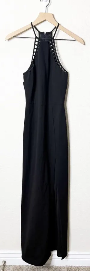 NWT‎ NBD Black Maxi Dress High Neck Lattice Cutout High Slit Womens Size S thumbnail 1