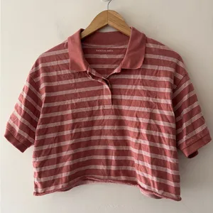 American Eagle Salmon‎ Pink and White Striped Cropped Polo Shirt thumbnail 3