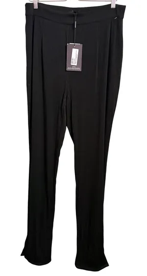 PRETTYLITTLETHING Black Ribbed Wide‎ Leg Palazzo Pants Elastic Waist Split Hem thumbnail 1