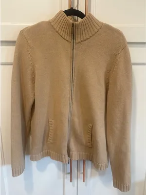 Lauren Ralph Lauren Tan Cotton Full Zip Cardigan Sweater Ribbed Knit Womens L thumbnail 1