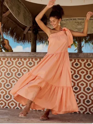 Altar'd State Gina Coral One Shoulder Tiered Maxi Dress Coastal Cottagecore XS thumbnail 1