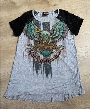 EUC Womens Harley Davidson Motorcycle Top Black Lace short sleeve Eagle size M thumbnail 1