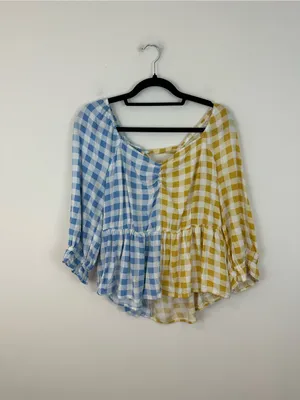 Cato Two-Tone Blue and Yellow Gingham Peplum Blouse Tie Back Size XL Women's thumbnail 2