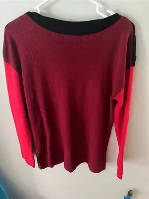 Vince Camuto Two-Tone Red Off-the-Shoulder Button Sweater thumbnail 1