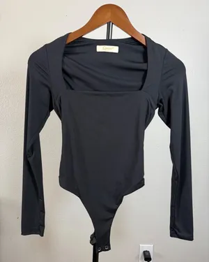 Qinsen Black Long Sleeve Square Neck Bodysuit XS thumbnail 1