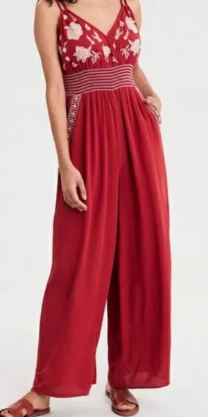 American Eagle Boho Embroidered Wide-Leg Jumpsuit - Size L thumbnail 1