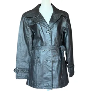 Oscar Piel 100% Leather Belted Button Front Black Coat‎ Jacket Sz M thumbnail 2
