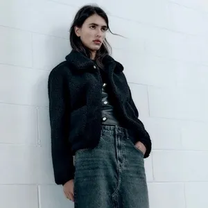 ZARA Black Sherpa Fuzzy Fleece Teddy‎ Coat Faux Shearling Snaps Pockets Small thumbnail 4