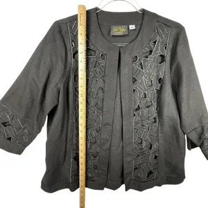 Bob Mackie Wearable Art Jacket Open Front‎ Geometric Cutout Black Small Linen thumbnail 8