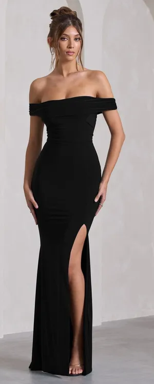 Club L London Law of Attraction Black Bardot Draped Split Maxi Dress thumbnail 1