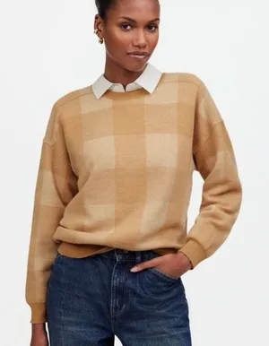 MADEWELL Women's XL Merinol Wool Windowpane Plaid Pullover Sweater Camel Tan thumbnail 1