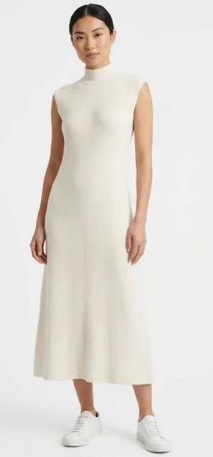 Zara Cream Ribbed Knit High Neck Sleeveless Midi Dress - Size Small thumbnail 1