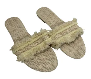 Woven Straw Slide Sandals Beige Fringe Pom Pom Trim‎ Flat Beach Size 10 thumbnail 1