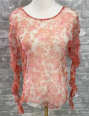 Zara Sheer Floral Ruffle-Sleeve Blouse - Pink & Cream thumbnail 1