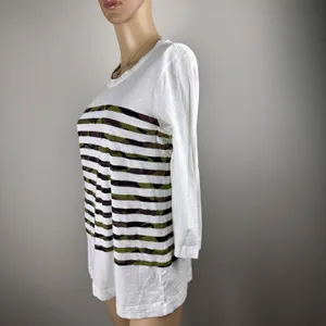 Gap Women's Medium 3/4 Sleeve White Camo Striped Shirt‎ 100% Cotton thumbnail 7