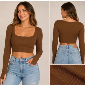 Brown Ribbed Seamless Long Sleeve Crop Top Square Neck Thumbhole‎ L thumbnail 2
