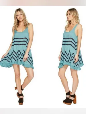 Free People Trapeze Tank Dress Size XS Teal & Navy Beachy Boho Retro Summer thumbnail 6