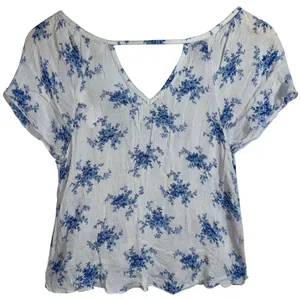 Abercrombie & Fitch Blue White Sheer Floral Crochet V Neck Peasant Blouse Sz XS thumbnail 2