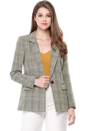 New! Allegra K Women's Plaid Blazer One Button Lapel Neck‎ Jacket thumbnail 1
