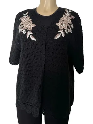 Vintage AGW Division of Graff Black Open Knit Cardigan XL Floral Embroidered thumbnail 1