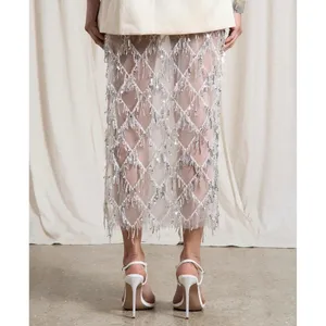 NWT MakeMeChic White Sequin Fringe Mesh Sheer Midi Skirt Sheer Party Medium thumbnail 2
