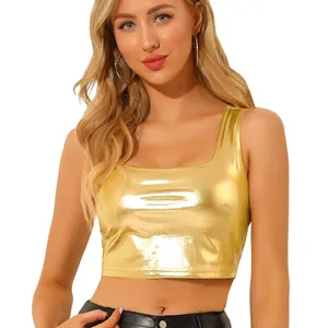 NWOT Allegra K Metallic‎ Gold Crop Top XS – U Neck Sleeveless Clubwear thumbnail 1