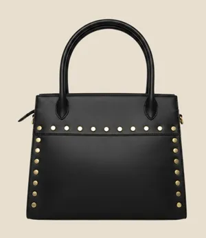 Black Faux Leather Studded Satchel Handbag Gold Studs Top Handle Tote Bag thumbnail 1