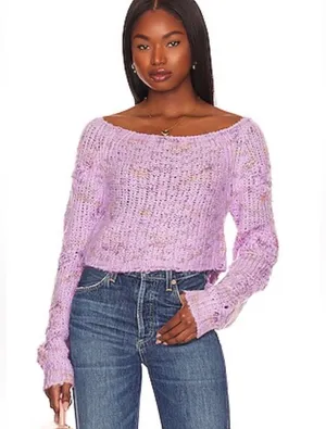 Free People Womens Sunset Cloud Pullover Sweater Purple Chunky Knit Crop Top thumbnail 4