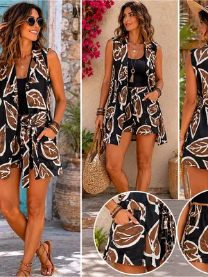 Who What Wear Black Brown Leaf-Print Sleeveless vest and short set thumbnail 2