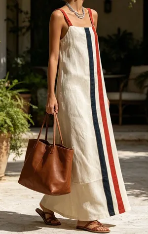 NWT - OKLORA Vertical Stripe Sleeveless Linen-Blend Maxi Dress thumbnail 1