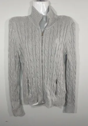 Lauren Ralph Lauren Light‎ Gray Cable Knit Zip Up Sweater Womens MED CabinCore thumbnail 1