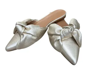 REBECCA MINKOFF Metallic Gold Leather Mules Modern Glam Pointed Toe Knot Bow 7M thumbnail 1