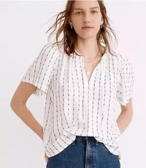Madewell Shirt Womens 4X White Black Tie‎ Neck Short Sleeve Tunic Top NE476 thumbnail 1
