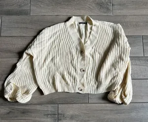 Nasty Gal Cream Ribbed Cropped Cardigan thumbnail 1