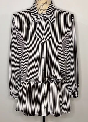 Ann Taylor striped stretch button front top blouse tie neck blouson sleeves S thumbnail 1