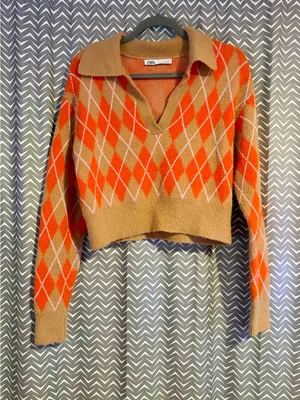 Zara | Argyle Collared Cropped Sweater, Small thumbnail 2