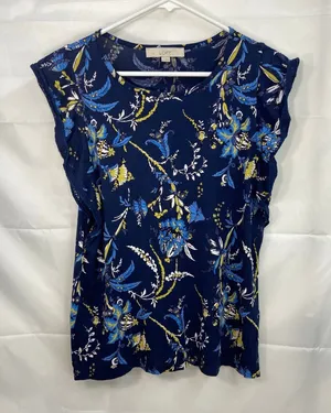 Ann Taylor LOFT women's blue floral crocheted loose sleeve‎ relaxed scoop blouse thumbnail 1